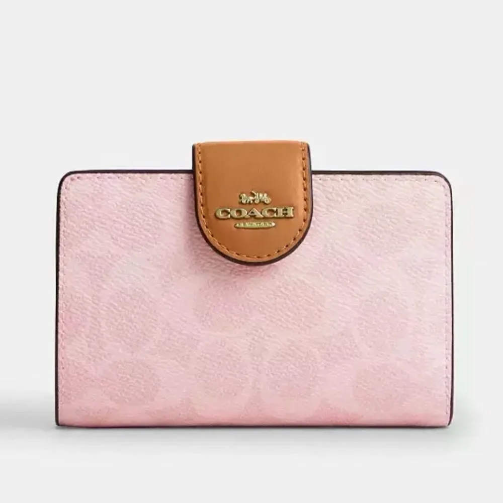 Coach Powder Pink Medium Corner Zip Wallet In Signature Canvas